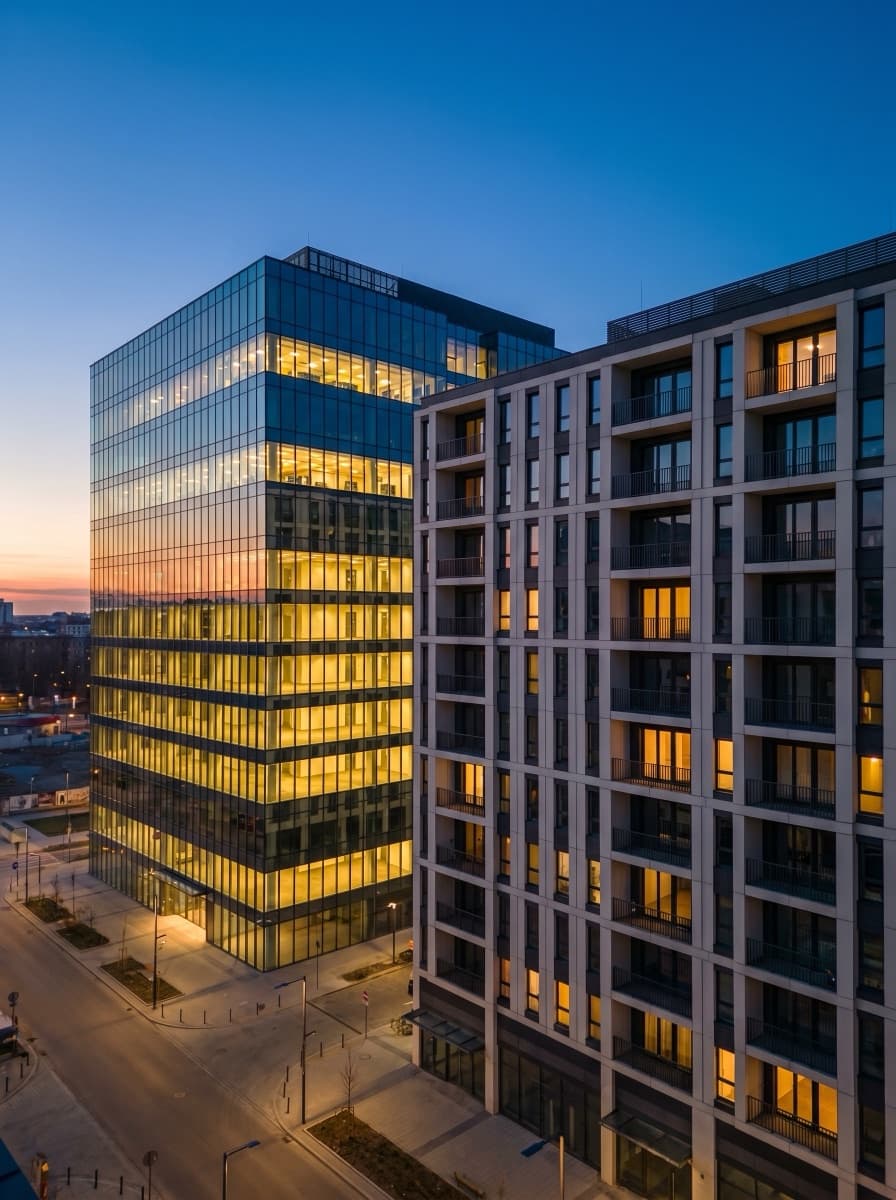 Gayrimenkul — ofis ve rezidans binalarından oluşan kurumsal kiralama portföyü, twilight kompozisyonu
